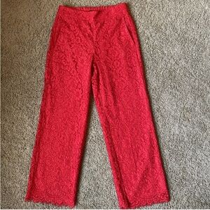 J Crew Lace Pants Womens Size 2 Red Floral Pull On Ankle Pockets Holiday Fringe